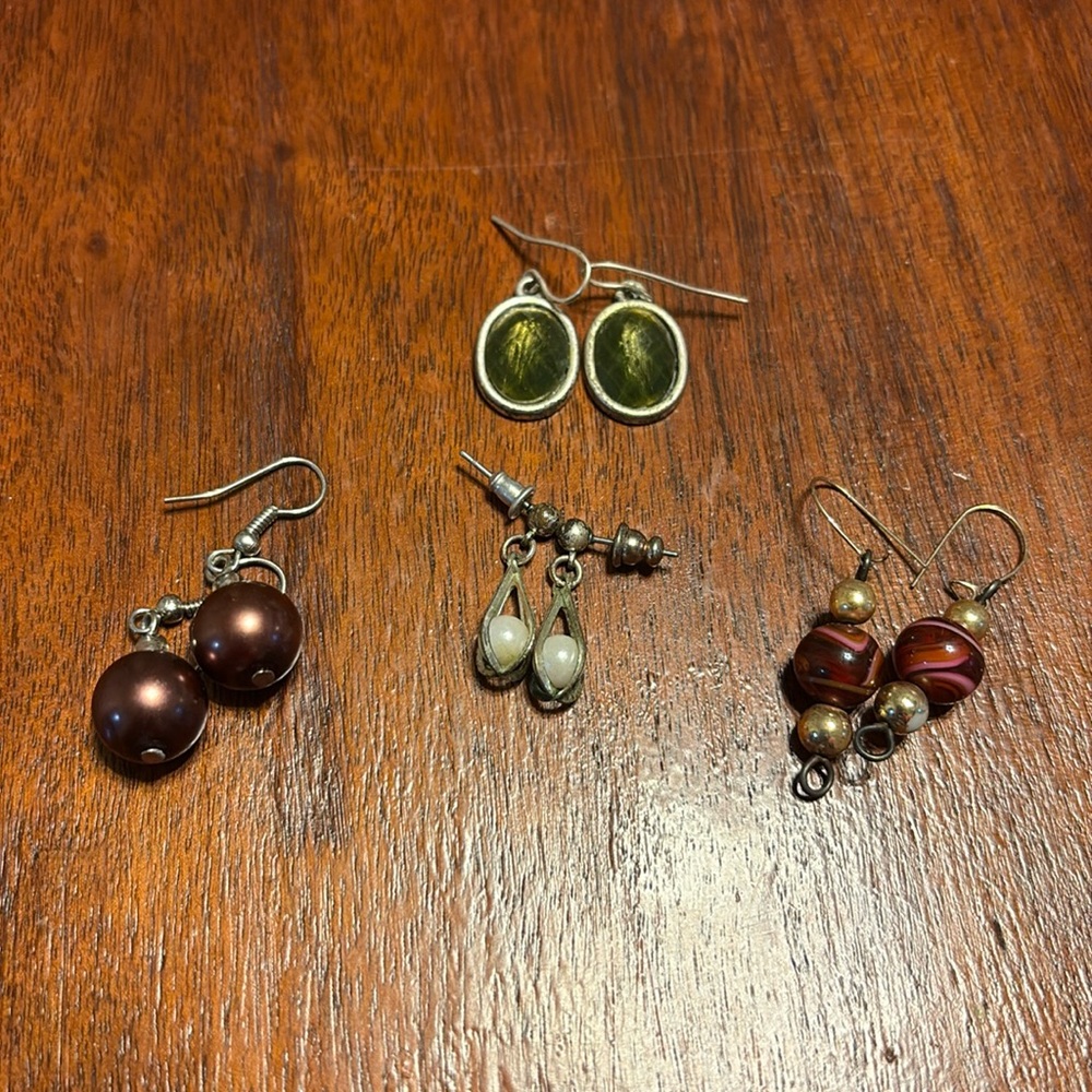 #2 Vintage Earring Lot of 4- Green, Brown, Red Dangles, White Pearl Dangle Studs
